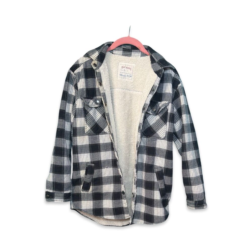Girl Krazy Sherpa Lined Flannel Shacket Size M Black & Cream Plaid Boyfriend Fit
